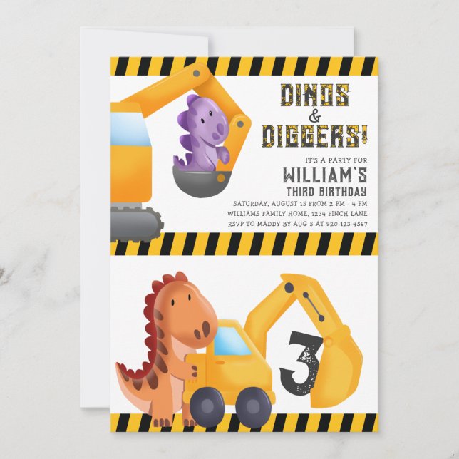 Dinos and Diggers Birthday Party Invitation (Front)