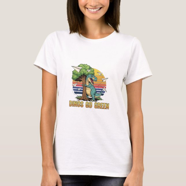 Dinos Go Green T-Shirt, Retro 80s Eco Design T-Shirt (Front)