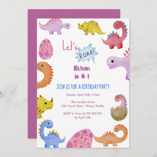 Dinos let's roar kids birthday invitation