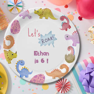 Dinos let's roar kids birthday paper plate