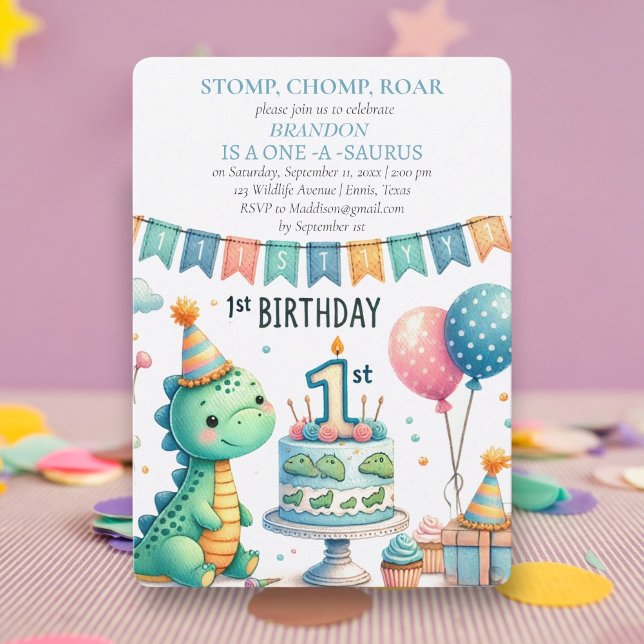Dinosaur 1st Birthday Boy Stomp Chomp Roar Invitation (Creator Uploaded)