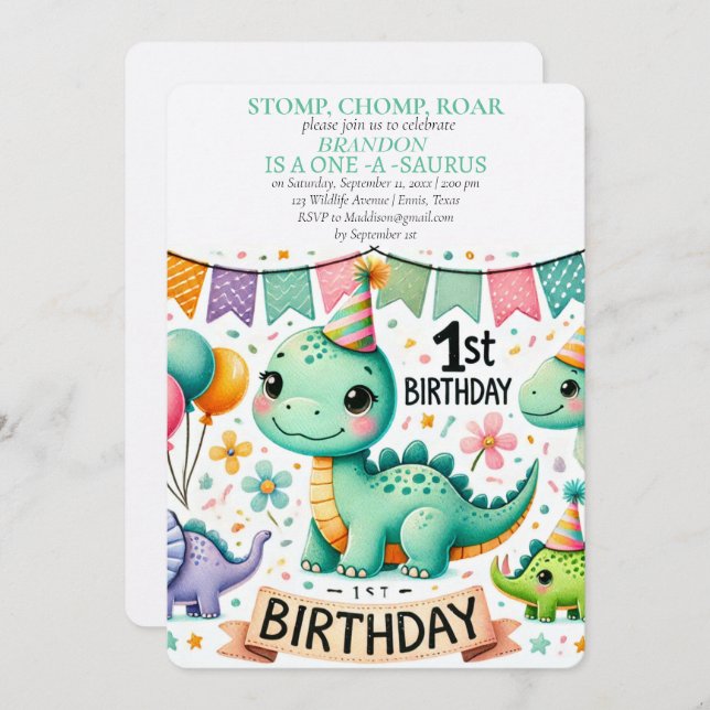 Dinosaur 1st Birthday Boy Stomp Chomp Roar Invitation (Front/Back)
