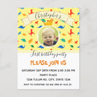 Dinosaur 1st Birthday colourful baby boy photo Holiday Postcard