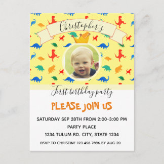 Dinosaur 1st Birthday colourful baby boy photo Invitation Postcard