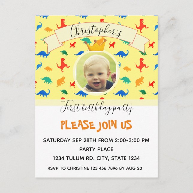 Dinosaur 1st Birthday colourful baby boy photo Invitation Postcard (Front)