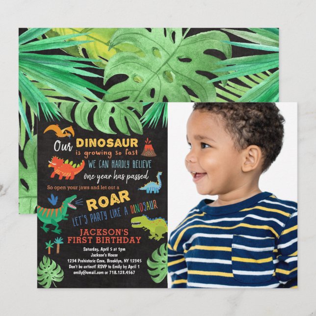 Dinosaur 1st Birthday Dino Party Photo Invitation (Front/Back)