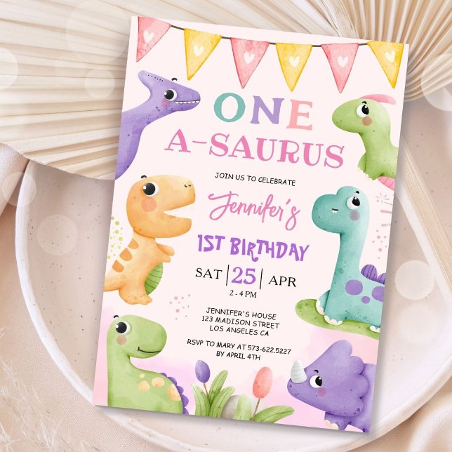 Dinosaur 1st Birthday Girl Cute One A-Saurus Party Invitation (Creator Uploaded)