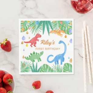 Dinosaur 1st Birthday Invitation Colourful Cute Napkin