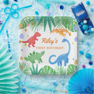 Dinosaur 1st Birthday Invitation Colourful Cute Paper Plate