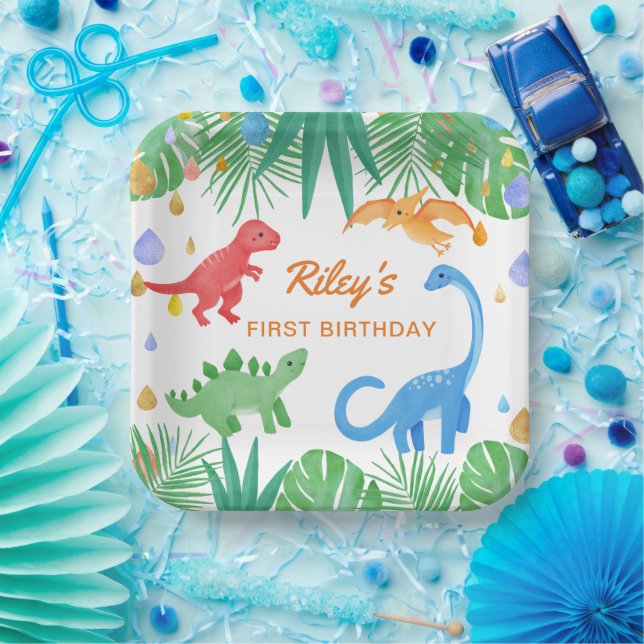 Dinosaur 1st Birthday Invitation Colourful Cute Paper Plate (Party)