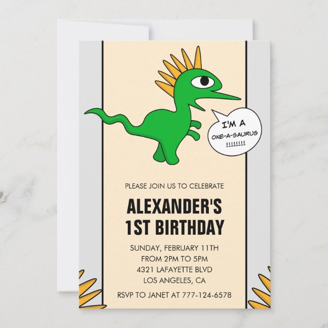Dinosaur 1st birthday invitation One-a-saurus dino (Front)