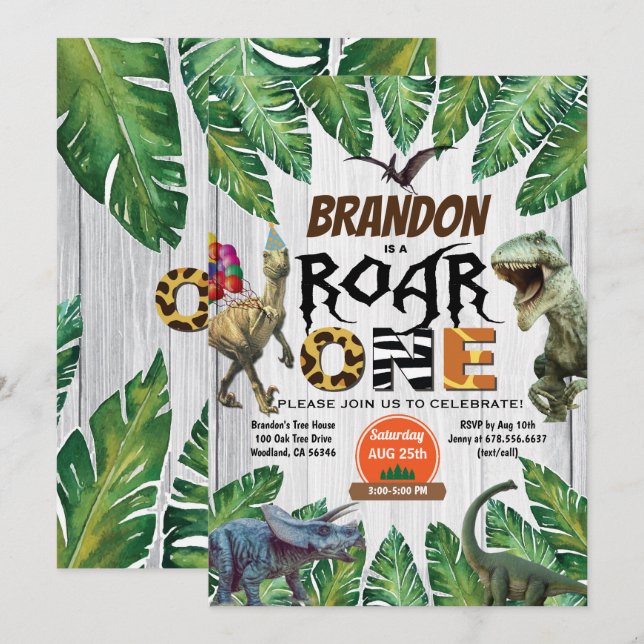 Dinosaur 1st birthday invitation Roar one jurassic (Front/Back)