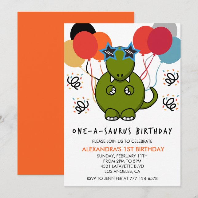 Dinosaur 1st birthday invitations Girl Funny dino (Front/Back)