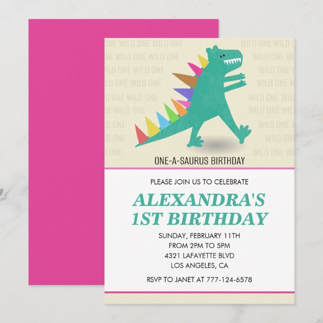 Dinosaur 1st birthday invitations Girl pink  (Front/Back)