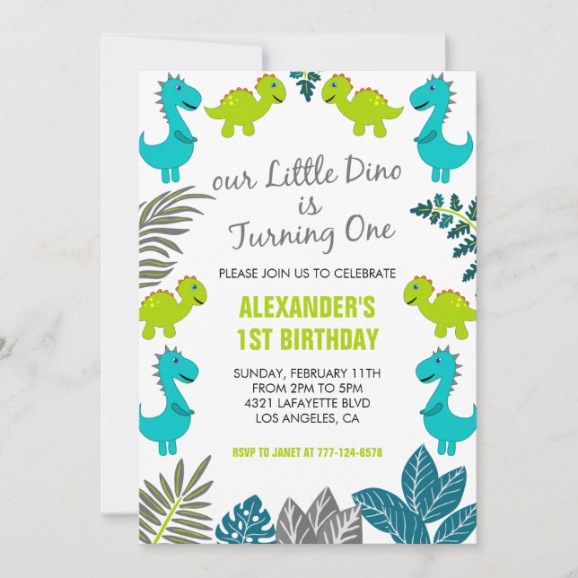 Dinosaur 1st birthday invitations jungle boy blue (Front)