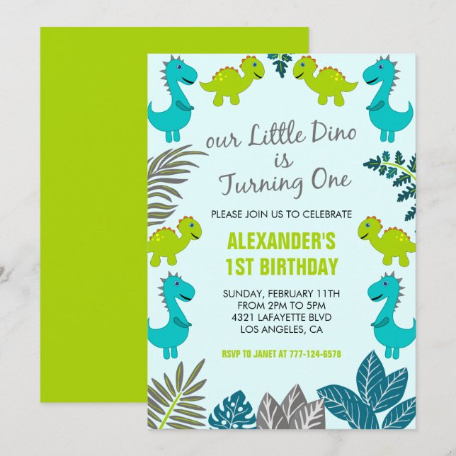 Dinosaur 1st birthday invitations jungle dino blue (Front/Back)
