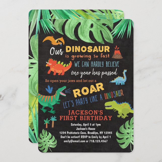 Dinosaur 1st Birthday Invitations Roar Dino Party (Front/Back)