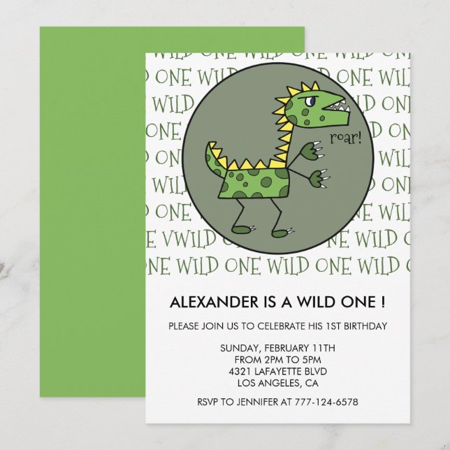 Dinosaur 1st birthday invitations wild one roar (Front/Back)