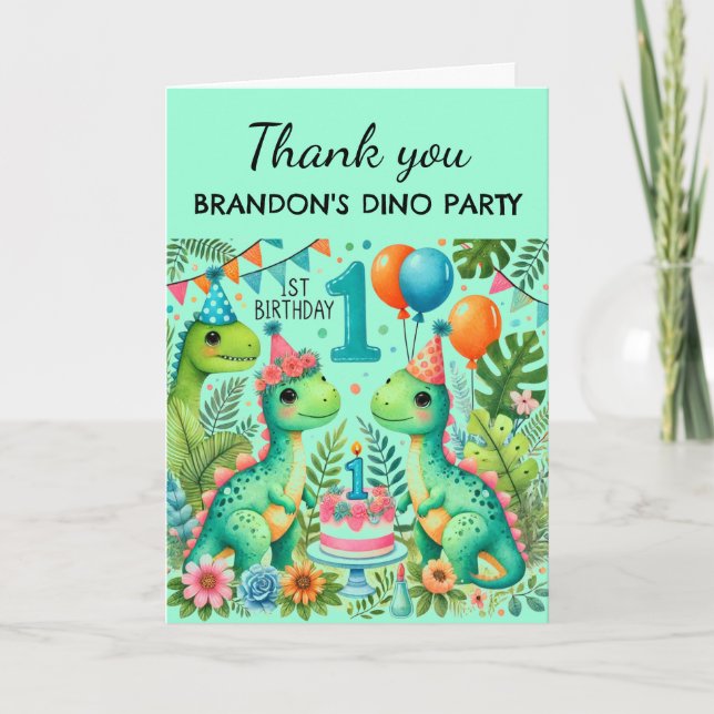 Dinosaur 1st Birthday Party Boy Dino Cute Thank You Card (Front)