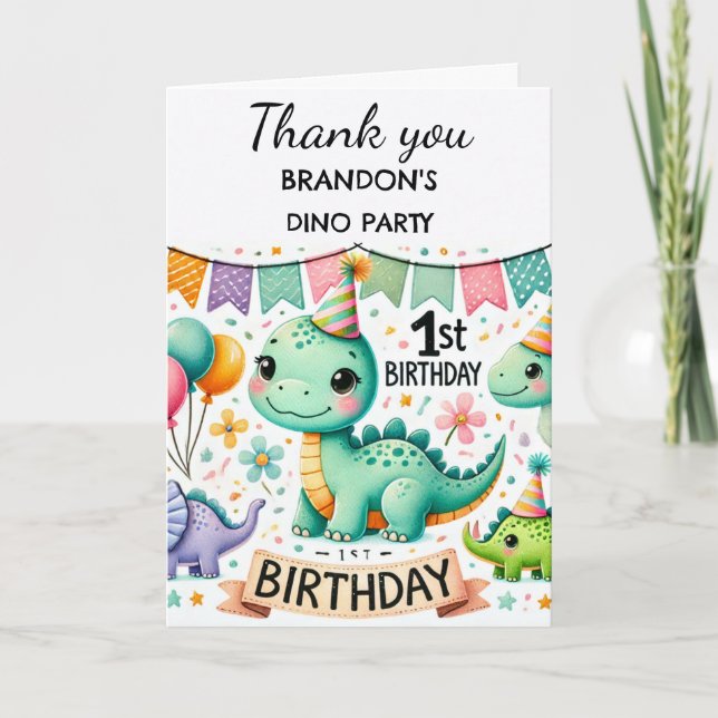 Dinosaur 1st Birthday Party Boy Dino Cute Thank You Card (Front)