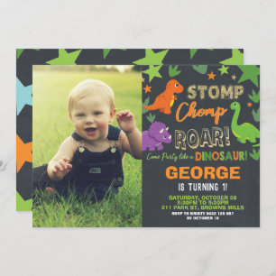 Dinosaur 1st Birthday Party Boy Stomp Chomp Roar Invitation