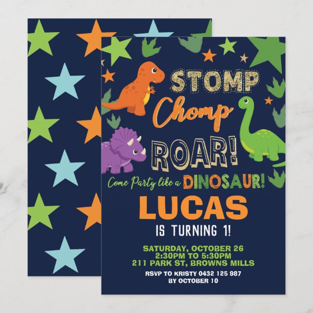 Dinosaur 1st Birthday Party Boy Stomp Chomp Roar Invitation (Front/Back)