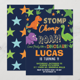 Dinosaur 1st Birthday Party Boy Stomp Chomp Roar Invitation