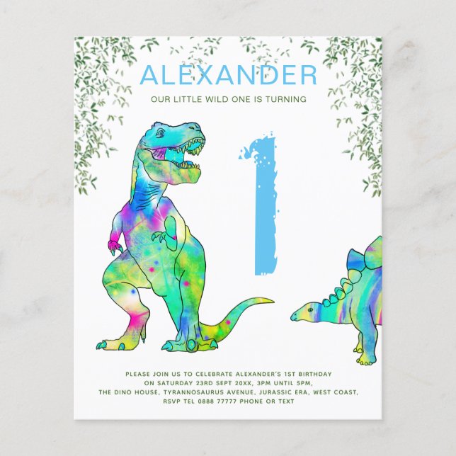 Dinosaur 1st Birthday Party budget invitation  Flyer (Front)