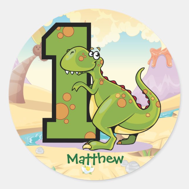 Dinosaur 1st Birthday Party Custom Classic Round Sticker (Front)