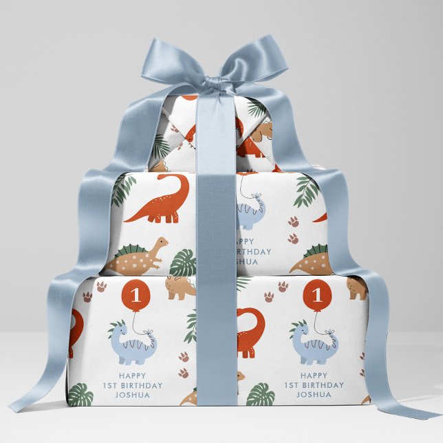 Dinosaur 1st Birthday Party Custom Name Wrapping Paper Sheet (Creator Uploaded)