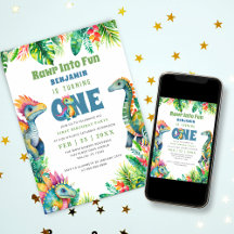 Dinosaur 1st Birthday Party Cute Baby Boy Tropical