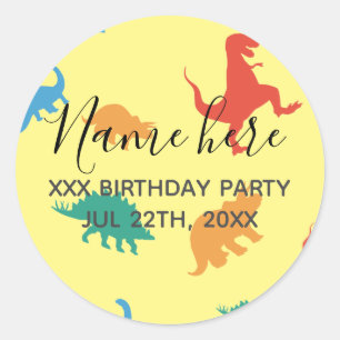 Dinosaur 1st Birthday party favour colourful patte Classic Round Sticker