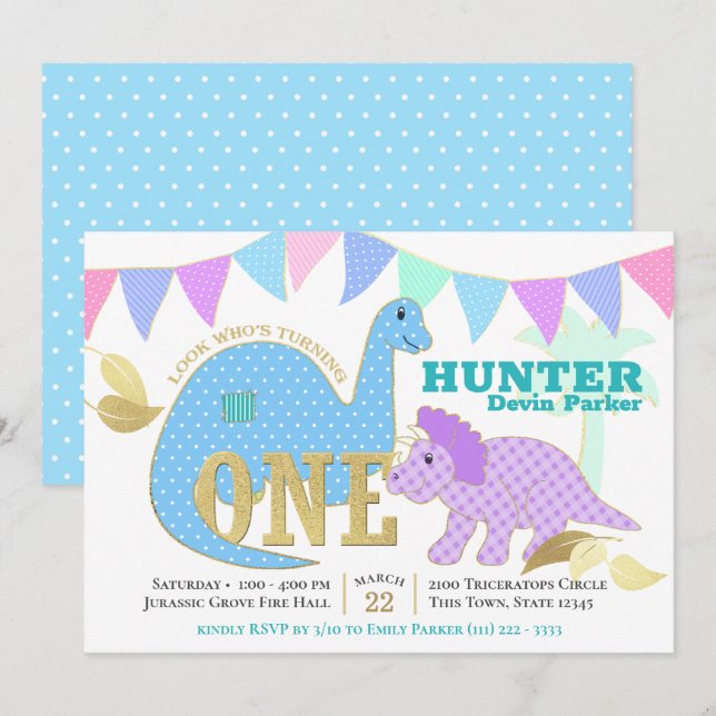Dinosaur 1st Birthday Party Invitation (Front/Back)