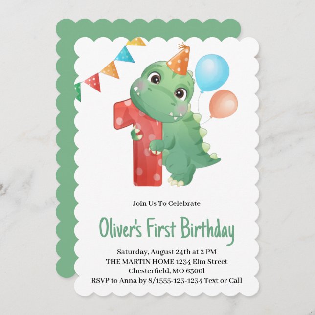 Dinosaur 1st Birthday Party Invitation (Front/Back)