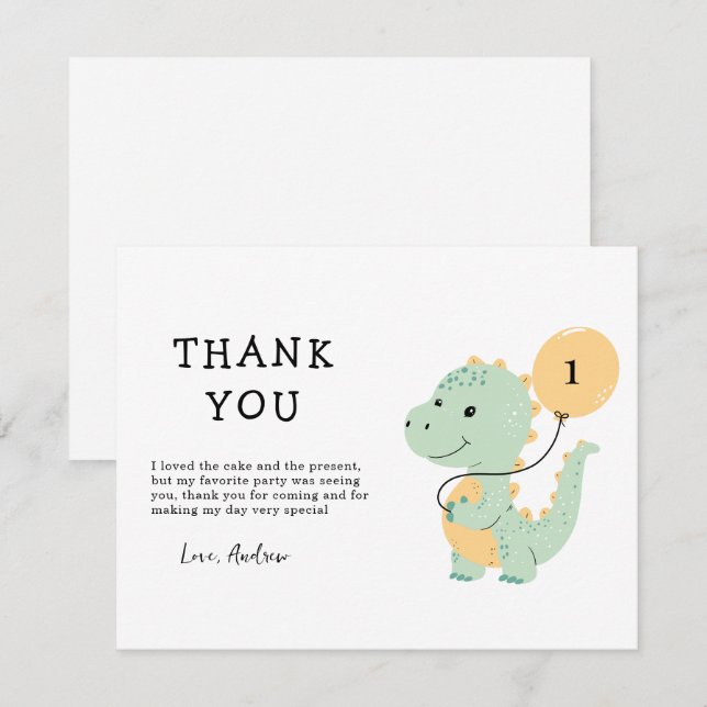Dinosaur 1st Birthday Party, Minimalist T rex  Thank You Card (Front/Back)