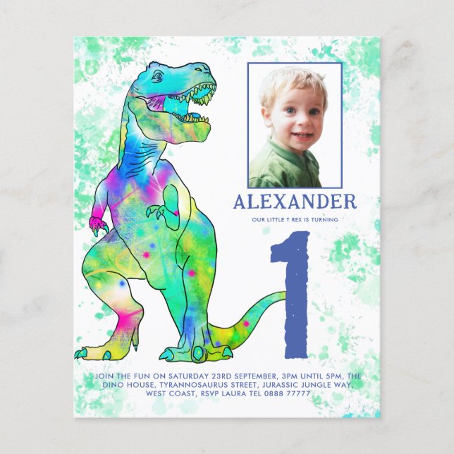 Dinosaur 1st Birthday Party Photo Budget Flyer (Front)