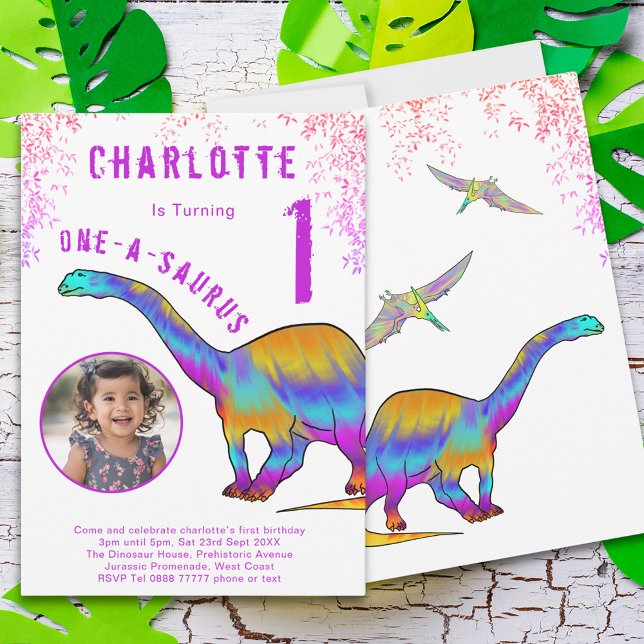 Dinosaur 1st Birthday Party Pink Photo Invitation (Colorful dinosaur 1st birthday party invitation one-a-saurus watercolor brontosaurus & pterodactyl )
