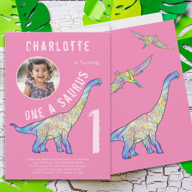 Dinosaur 1st Birthday Party Pink Photo Invitation (Girls dinosaur 1st birthday party invitation one a saurus colorful dino watercolor & photo template)