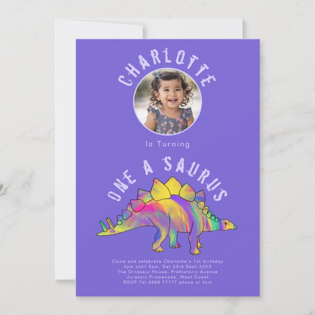Dinosaur 1st Birthday Party Purple Invitation (Front)
