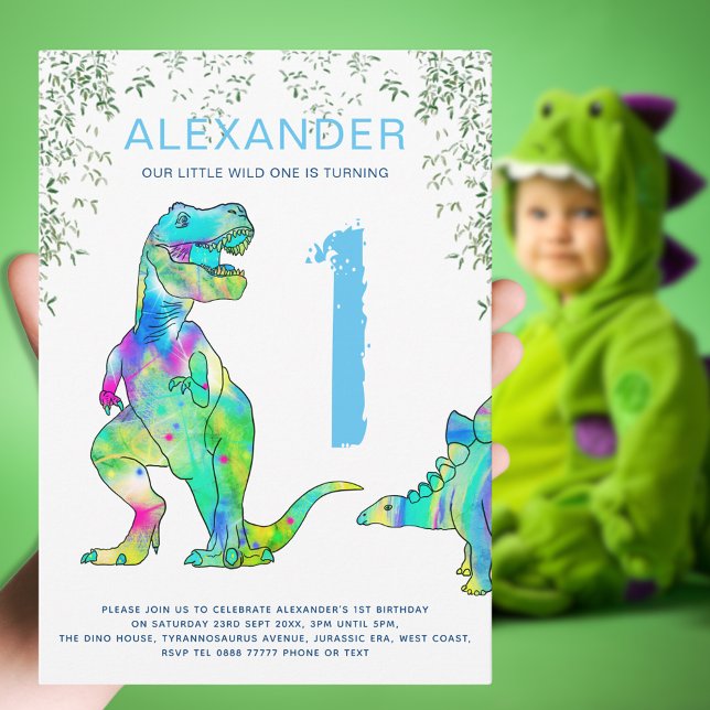 Dinosaur 1st Birthday Party wild one blue Invitation (Dinosaur wild one boys blue color theme 1st birthday party invitation colorful T-Rex & stegosaurus )