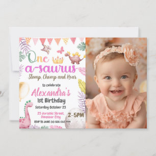 Dinosaur 1st Birthday Photo One-A-Saurus Girl  Invitation