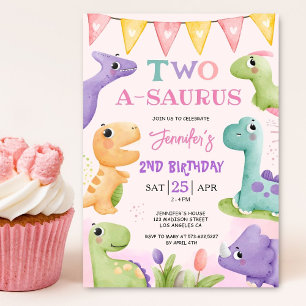 Dinosaur 2nd Birthday Girl Pink Cute Dino Party  Invitation