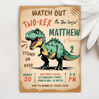 Dinosaur 2nd Birthday Invitation, Two Rex Birthday Invitation