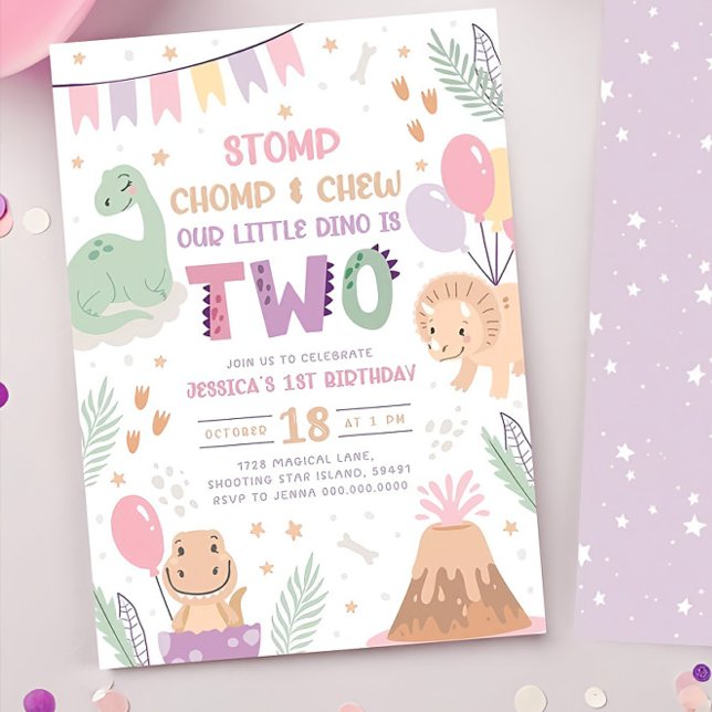 Dinosaur 2nd Birthday Invitations Girl. Cute Baby  (Creator Uploaded)