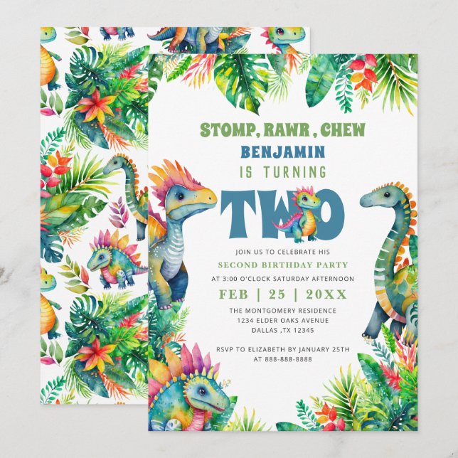 Dinosaur 2nd Birthday Party Cute Baby Boy Tropical Invitation (Front/Back)
