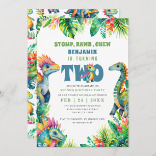 Dinosaur 2nd Birthday Party Cute Baby Boy Tropical Invitation