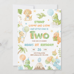 Dinosaur 2nd Birthday Party Invitation 