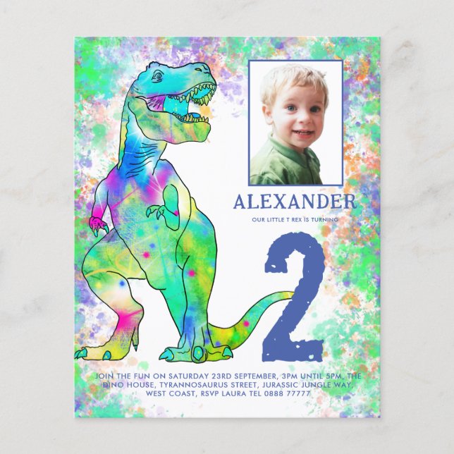 Dinosaur 2nd Birthday Party Photo Budget Flyer (Front)
