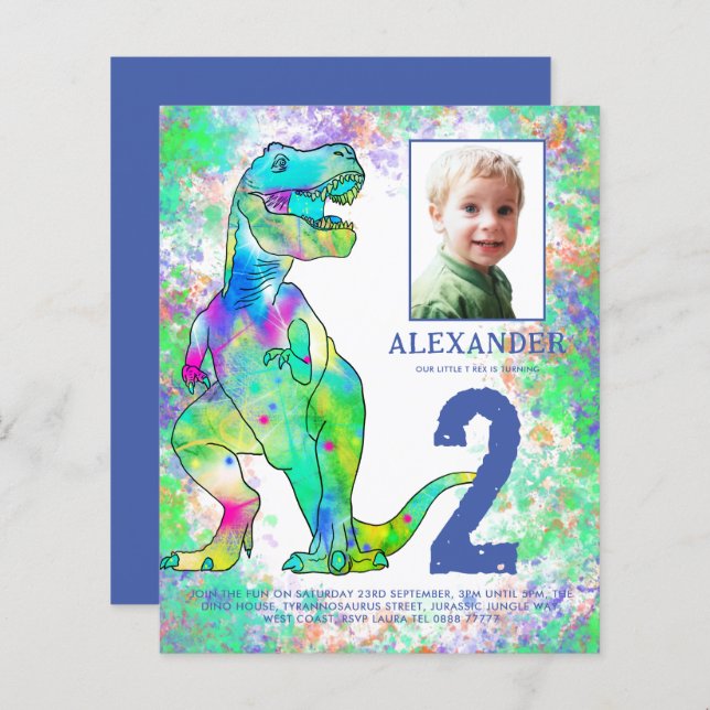 Dinosaur 2nd Birthday Party Photo Watercolor (Front/Back)