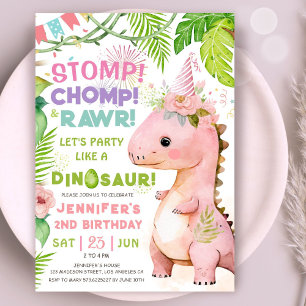 Dinosaur 2nd Birthday Party Pink Dinosaur Girls Invitation